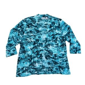 Chico’s Easy Wear Travel Open Front‎ Cardigan Teal Green White Wrinkle Free Sz 3